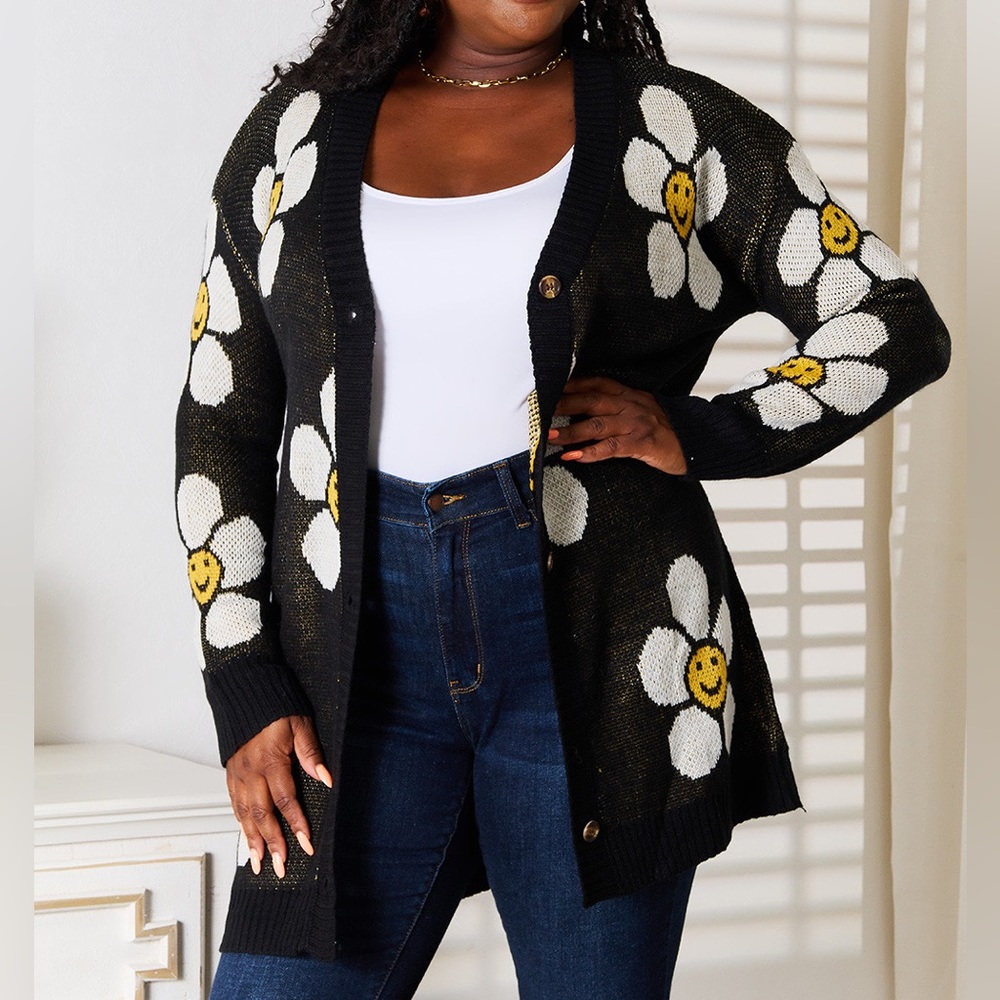 NEW Double Take Black Y2K Smiling Daisy Button Down Longline Cardigan Sweater